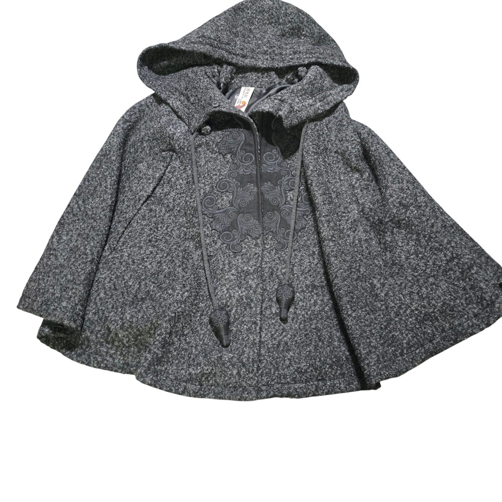 Vintage Artka Crazy In Life Grey Hooded Embroidered Cape Cloak Poncho Coat